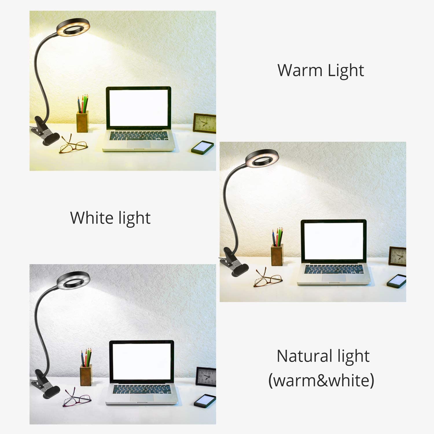 Woputne Desk Lamp Clip Light, 10 Dimmable Brightness 3 Light Modes Reading Light, Clamp Bedside Lamp for Painting Craft, Study (Black) - Image 3
