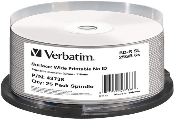 Verbatim 43738 25GB BD-R SL Printable - 25 Pack Spindle