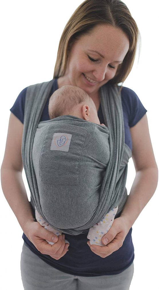 Baby carrier with front pocket including baby wrap carrier bag and instructions (English language not guaranteed), long elastic carrier for premature and newborn toddlers (grey).