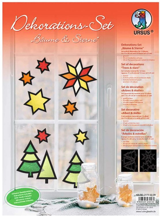 Ursus 21750099 Decorative Set Trees and Stars 8 Photo Card 300 g/m² Approx. 24.8 x 33 cm, 9 sheets of tracing paper in 6 colours, material for 6 trees and 6 stars, colourful