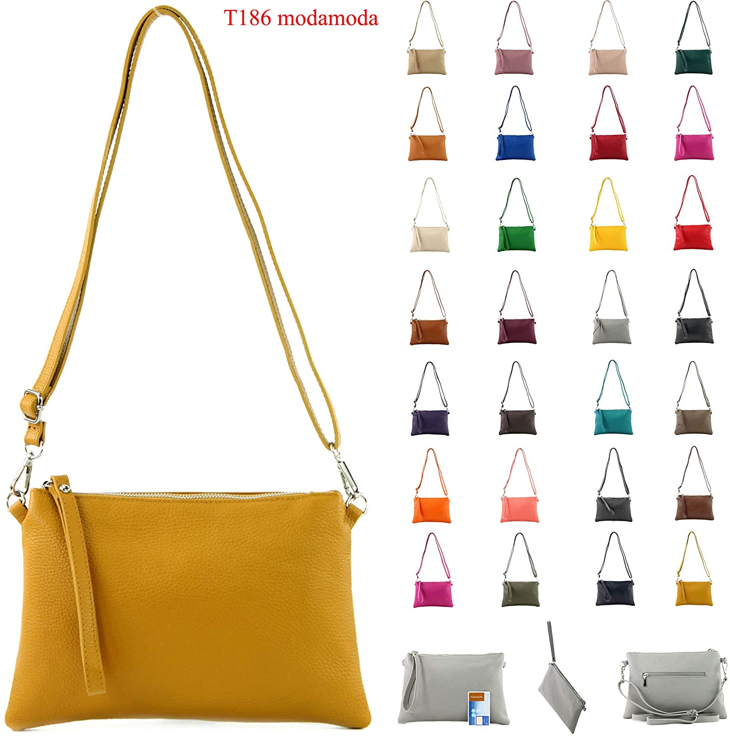 modamoda de - T186 - Italian Clutch/Shoulder Bag Leather Medium, Colour:Mustard Yellow - Image 4