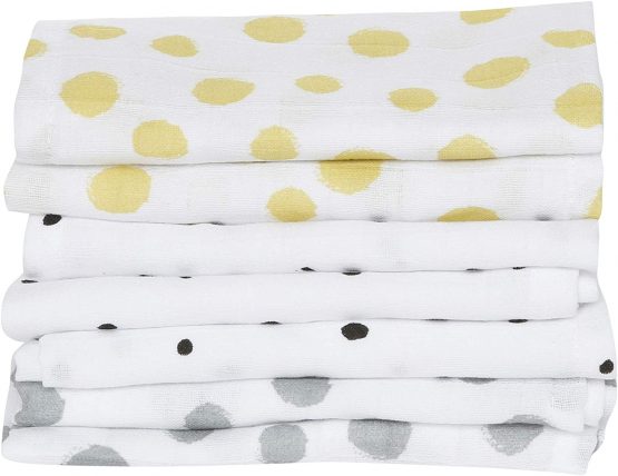 Baby Washcloths Made of Cotton Muslin, Baby Wash Cloths – (7 Pieces) 30 x 30 cm, Oeko-Tex Standard 100 (Spots Yellow)