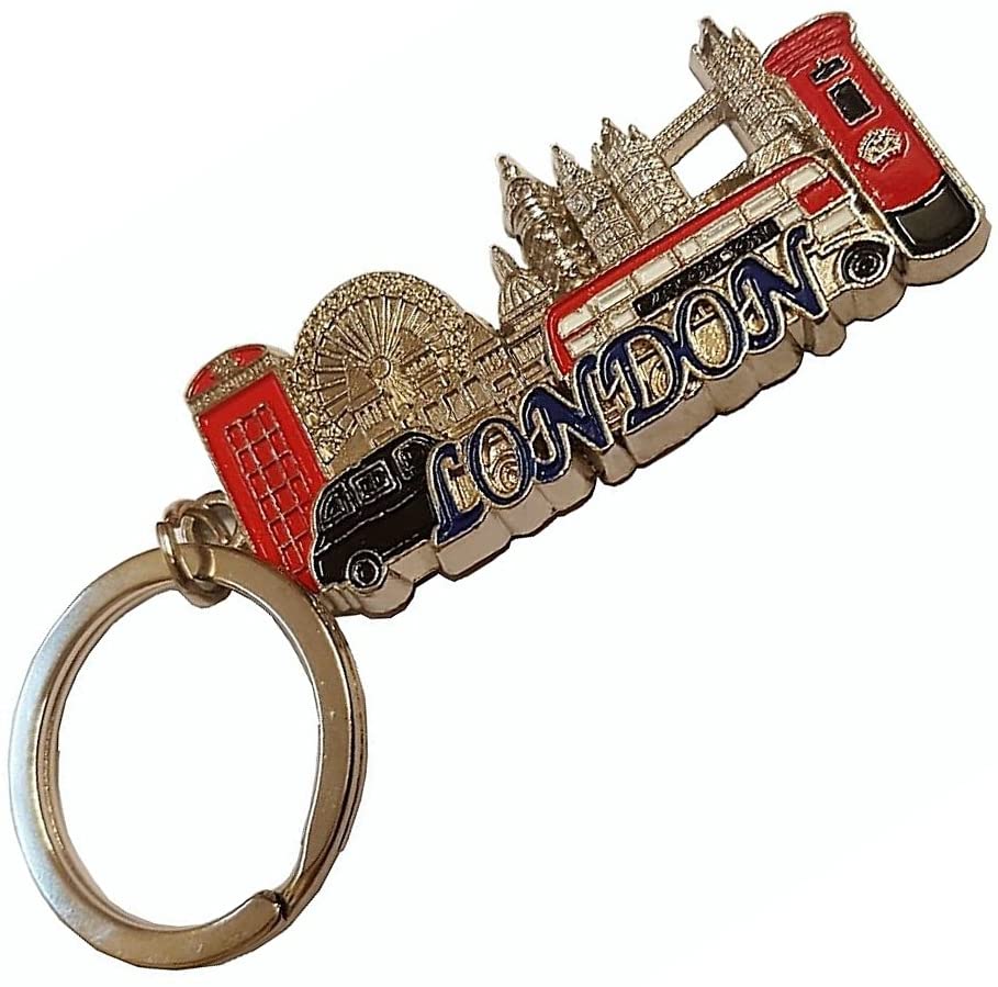 London Silver Coloured Metal Key Chain/Ring/Word in Blue/Icons/Red Phone Box/Double Decker Bus/Post/Black Taxi/Tower Bridge/St. Paul's/Eye/UK Keychain Souvenir/British Keyring