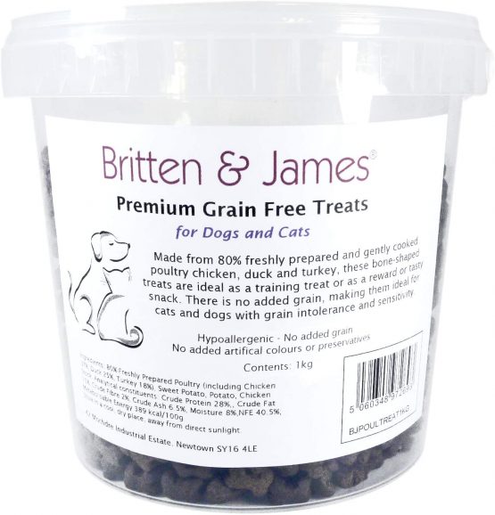 Britten & James Premium Grain Free Dog Treats & Cat Treats - Poultry 1kg - in a Stay Fresh 2L Tub. Hypoallergenic