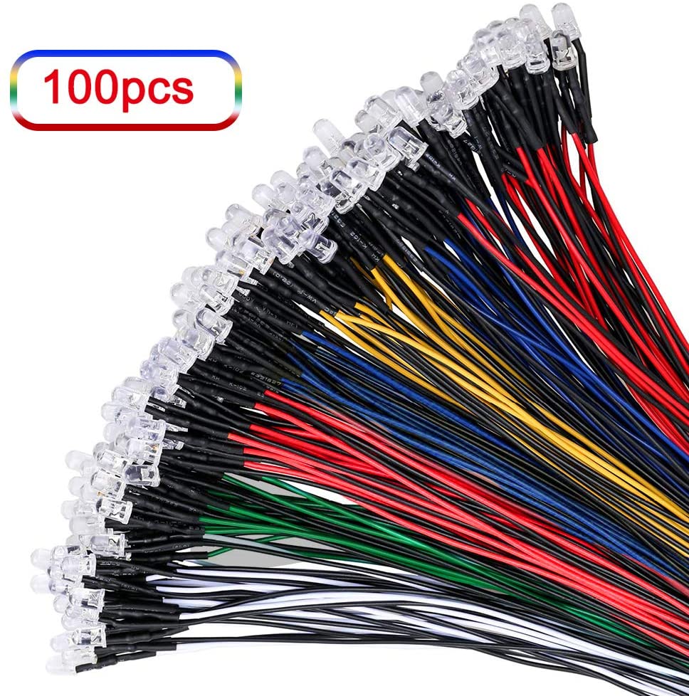 YIXISI 100 PCS 5mm LED Diodes Light 5 Color (Each Color 20 PCS) Ultra Bright 12V 20cm Pre Wired, LED Diodes Light