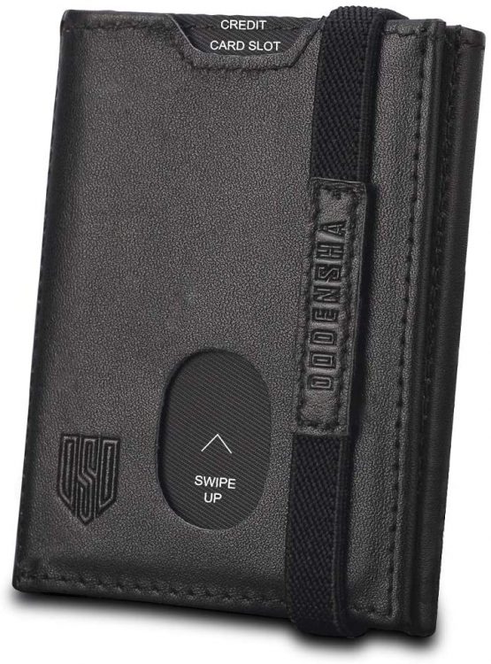 DODENSHA Wallet Mens Slim Wallets Men Leather Card Holder Wallet RFID Blocking Trifold Wallets for Men with Zip Coin Pocket, 2 Banknote Compartment, 7 Card Slots, ID Window, Elastic Strap (Black）