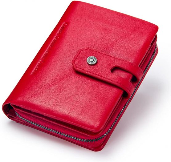 Contacts Real Leather Womens Bifold Trifold Wallet Multifunction Card Holder Clutch Travel Purse with Zipper Coin Pocket (Red)