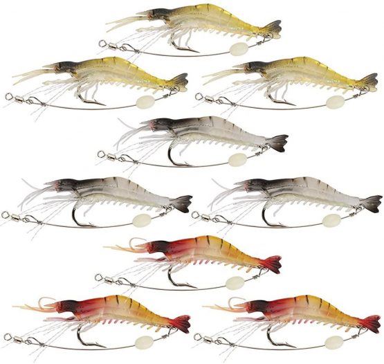 Goture Soft Plastic Lures Artificial Bait Luminous Shrimp Fishing Lure Mixed Color Spinner Crank-Bait Fishing Lure with Hook Fishing Tackle 3.35" 0.013lb