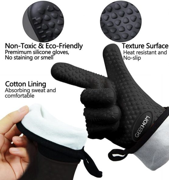 GEEKHOM Oven Gloves Heat Resistant Silicone Oven Mitts BBQ Gloves Waterproof Kitchen Gloves, Cooking Accessories for Baking Barbecue Grilling Weber Pizza Microwave Oven Glove, Non-Slip (Black) - Image 2