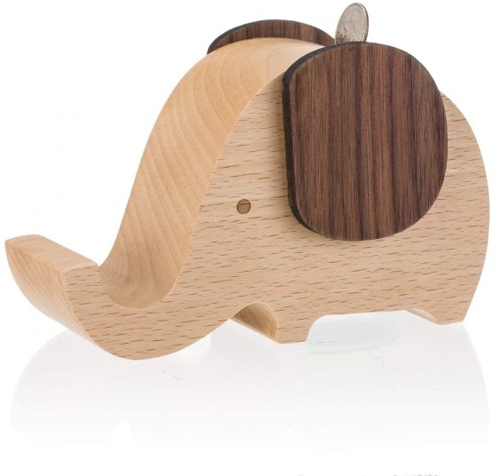 AhfuLife Elephant Piggy Bank Wood Coin Bank With Mobile Phone Holder 