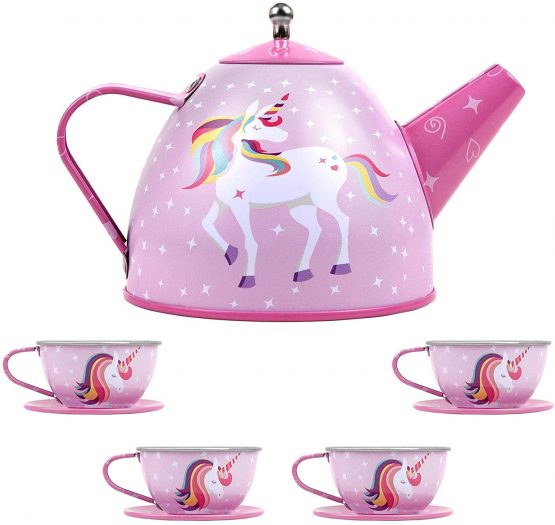 SOKA Unicorn Metal Tin Teapot Set with Carry Case Toy for Kids - 18 Pcs Illustrated Colourful Design Toy Tea Party Set for Boys and Girls Pretend Role Play - Image 2