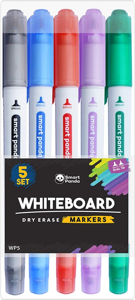 5 Whiteboard Markers by SmartPanda – Dual Tip, Medium and Fine – Dry Wipe, Perfect for Home, School or Office - 5 Set