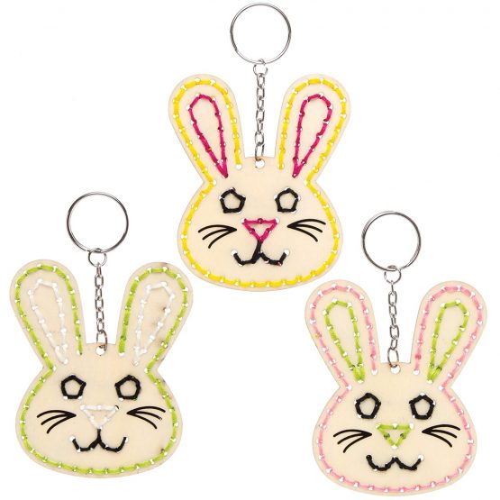 Baker Ross AT422 Easter Bunny Wooden Threading Keyring Kits - Pack of 5, Wooden Templates With Bright Coloured Wool For Craft Key Chains - Image 3