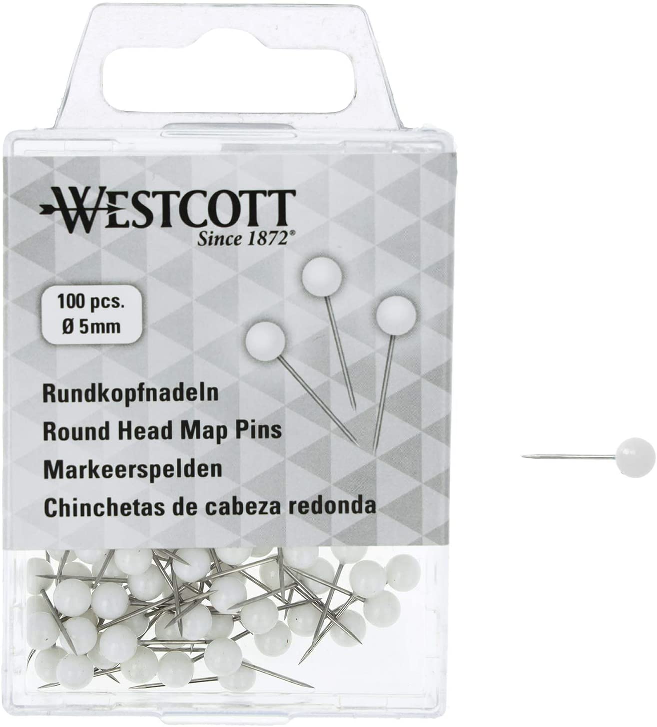 Westcott E-10501 00 Round Head Needles Pack of 100 5 mm Diameter 16 mm Long White