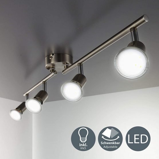 B.Kt LED Ceiling Spotlight Bar with 4X 3W GU10 Bulbs Included and rotatable and Swivel Design, Brushed Nickel