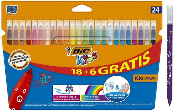 BIC Kids Kid Couleur Felt Tip Colouring Pens - Cardboard Wallet of 24 Ultra-Washable Pens - Assorted Colours - Medium Point