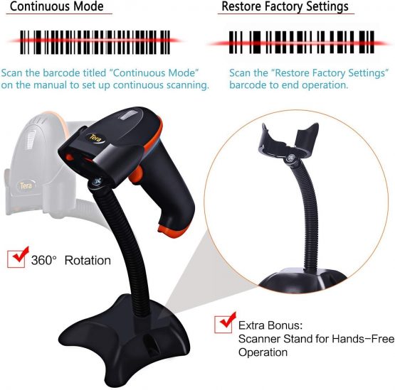 Tera Barcode Scanner Wireless with Battery Level Indicator (2.4Ghz Wireless+USB 2.0 Wired) 1D USB Handheld Bar Code Reader Scanner without Stand, Design Patent: EU008489413, Model 5100 - Image 2