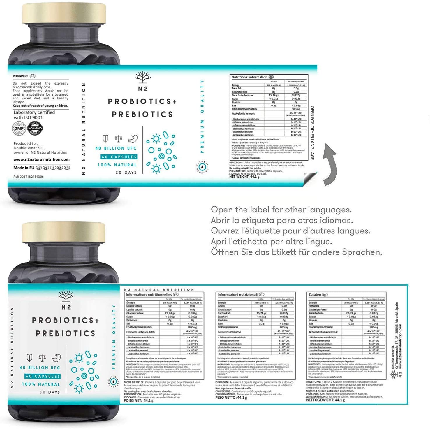 Probiotics and Prebiotics Supplement 40 Billion CFU. 6 Probiotic Strains, 60 Vegan Chlorophyll Capsules. N2 Natural Nutrition - Image 4