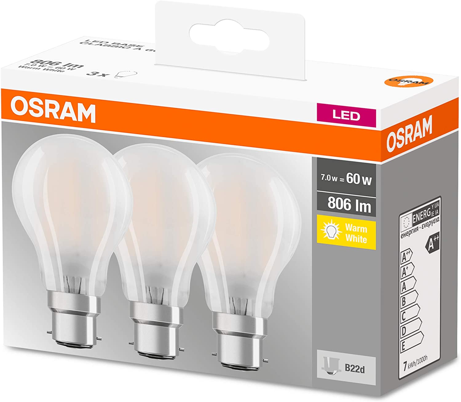 Osram LED Lamp/Socket: B22d Warm White/2700 K/7 W LED Base Classic A Replacement for 60 W Incandescent Bulb - Image 4