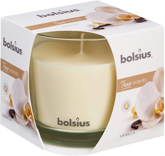 Bolsius Large Glass Scented Candle Vanilla, Wax, White