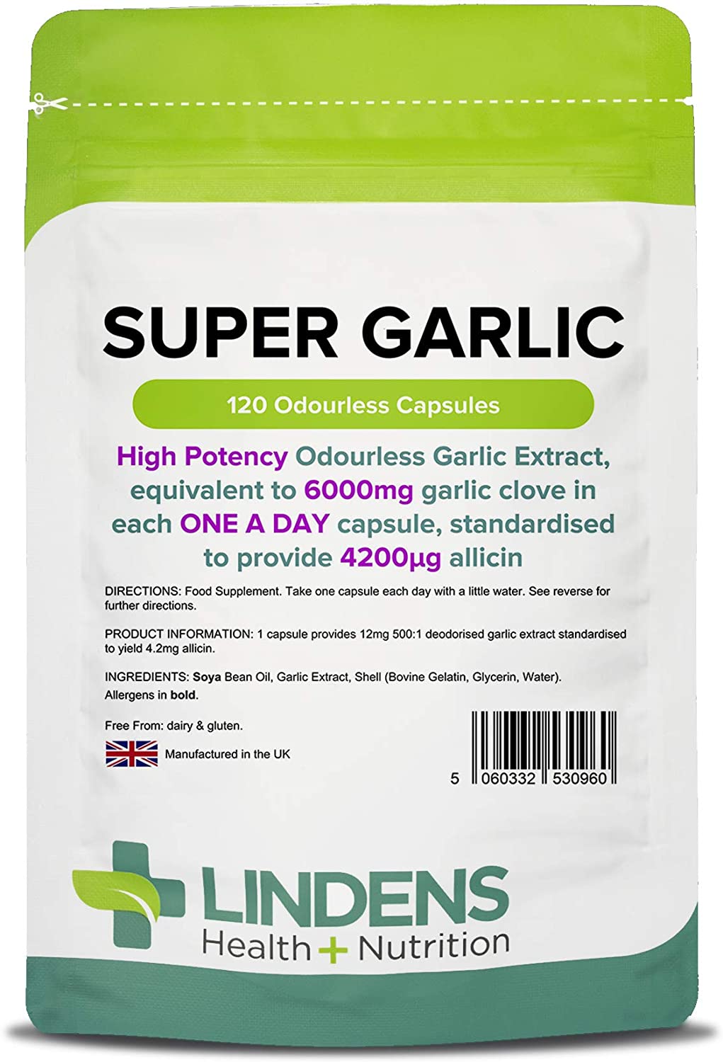 Lindens, Super Garlic 6000mg High Strength, 120 '1-A-Day' Capsules, UK Made, High Potency Odourless Garlic Extract