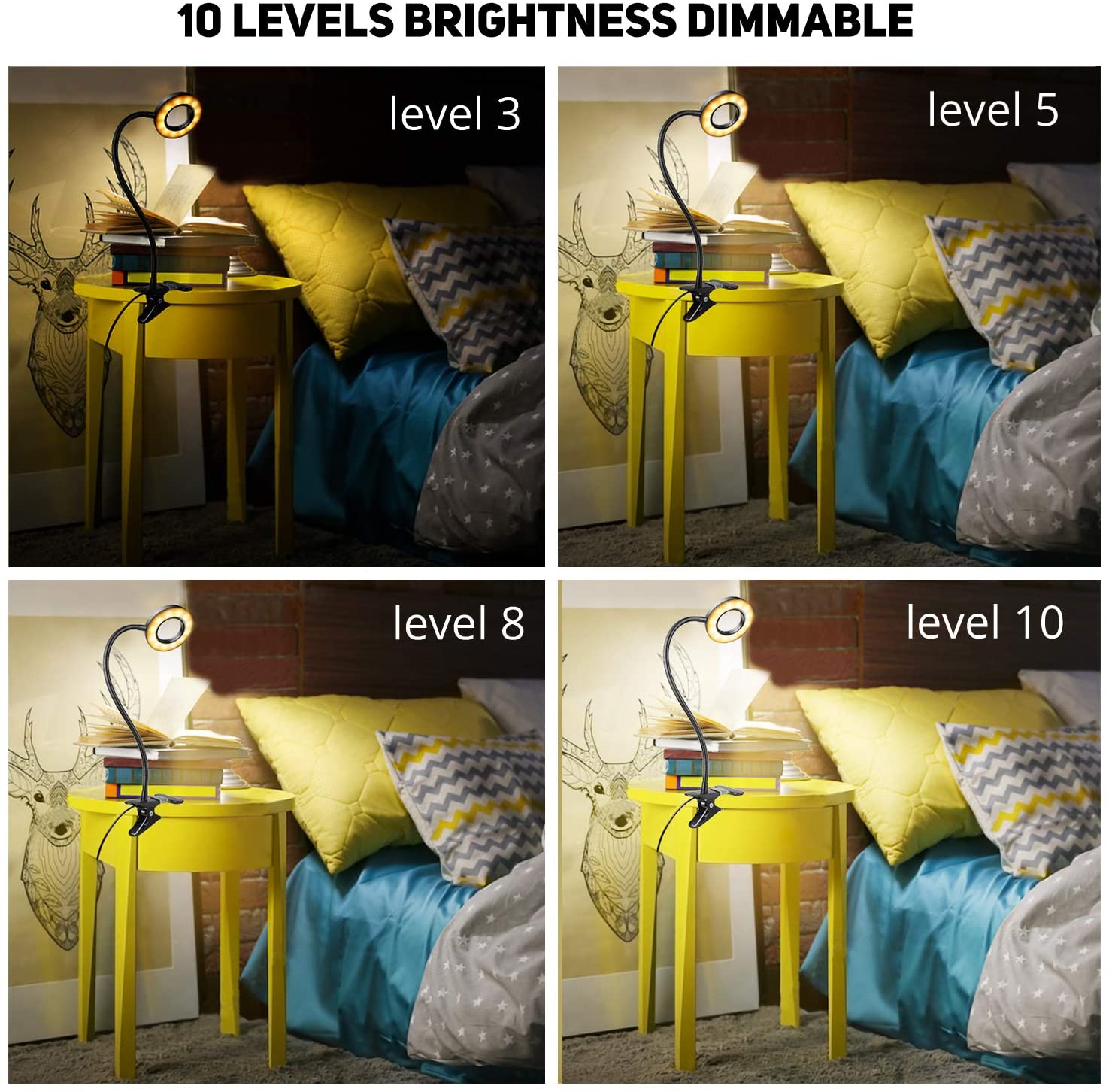 Woputne Desk Lamp Clip Light, 10 Dimmable Brightness 3 Light Modes Reading Light, Clamp Bedside Lamp for Painting Craft, Study (Black) - Image 4