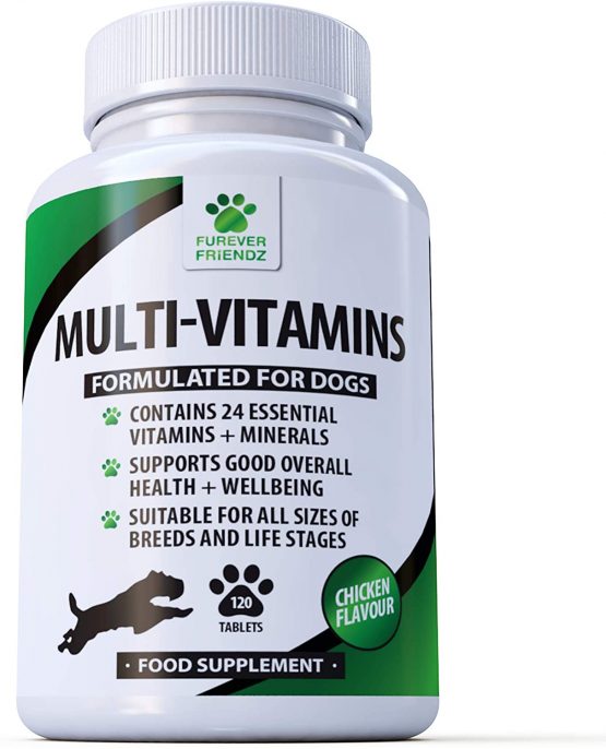 Daily Multivitamin Supplement for Dogs - 120 Chewable Chicken Flavour Tablets – 24 Nutrients, Vitamins & Minerals - Helps with Brain, Heart, Eyes, Kidneys, Liver, Joint Function • Furever Friendz
