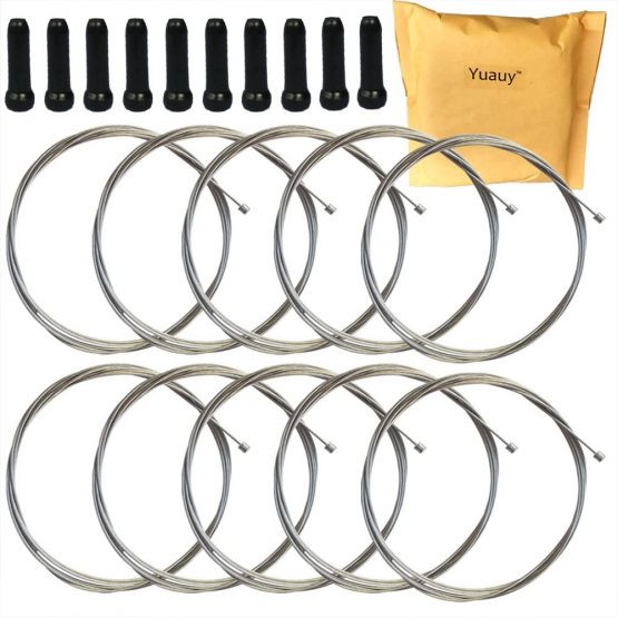 Yuauy 10 pcs 2100mm Shift Cable Derailleur Cable Stainless Steel for Mountain and Road Bicycle + 10 PCs Black Alloy Cable Cap End Tip Crimp