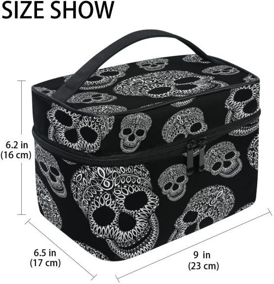 Makeup Bag, Skull Print Cosmetic Toiletry Storage Organiser Case Large Travel Handle Personalised Pouch with Compartments for Teenage Girls Women Lady Black - Image 2