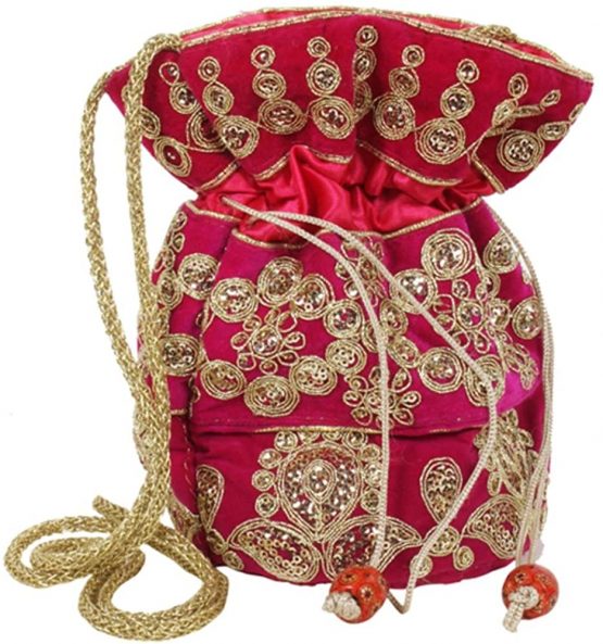 Purpledip Potli Bag (Clutch, Drawstring Purse) For Women With Intricate Gold Thread & Sequin Embroidery Work