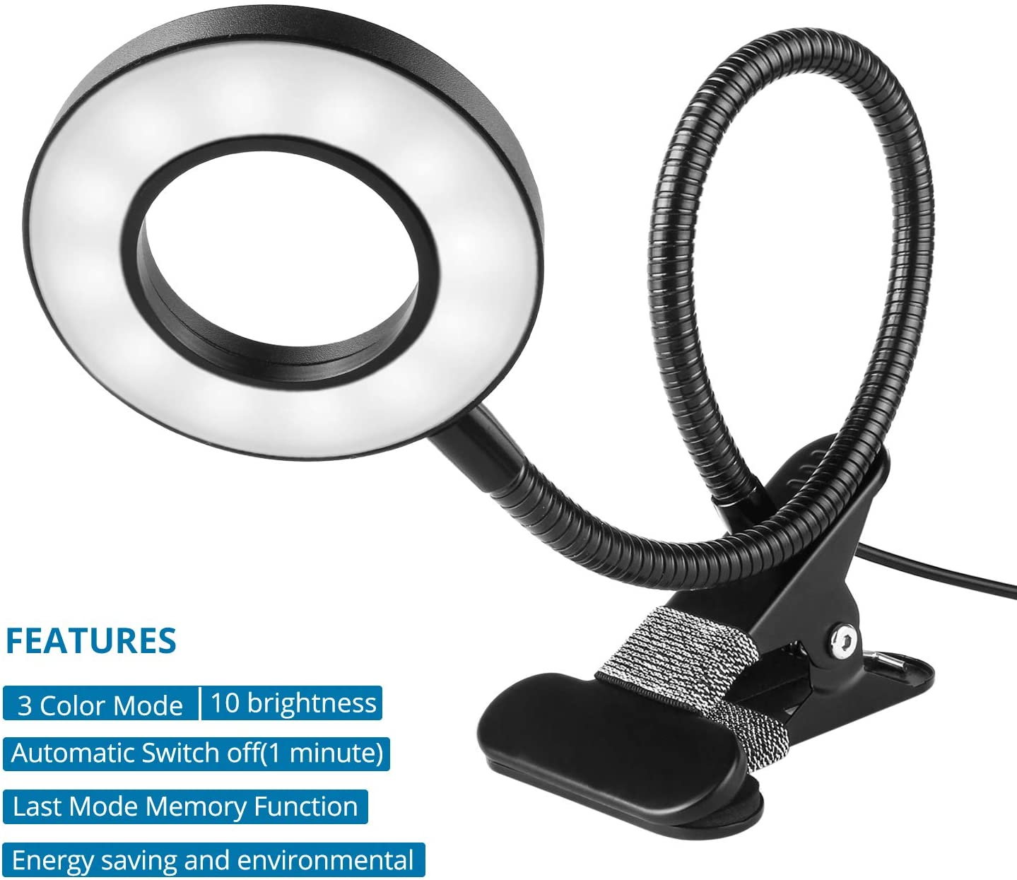Woputne Desk Lamp Clip Light, 10 Dimmable Brightness 3 Light Modes Reading Light, Clamp Bedside Lamp for Painting Craft, Study (Black) - Image 2