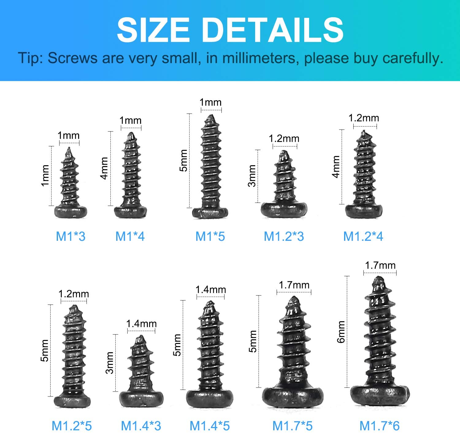 MEIYYJ Small Pan Head Self-Tapping Screws PA Phillips Head Micro Screws Tiny Self-Tapping Screws Assortment Kit Pack of 1000pcs (Black) - Image 2