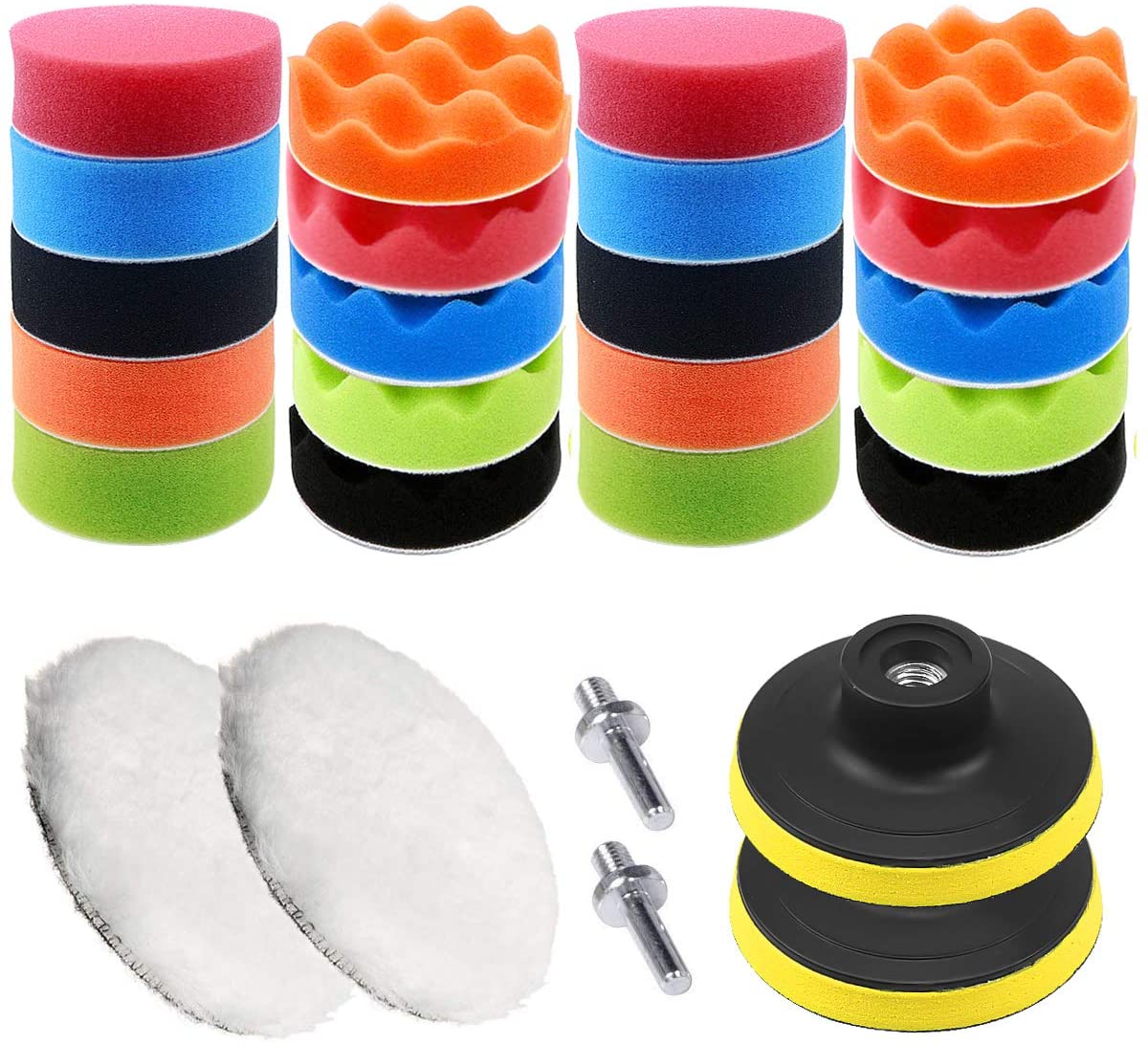 26PCS 3 inch Polishing Waxing Buffing Pads Kit, 22pcs Polishing Pads with 2pcs M10 Drill Adapters