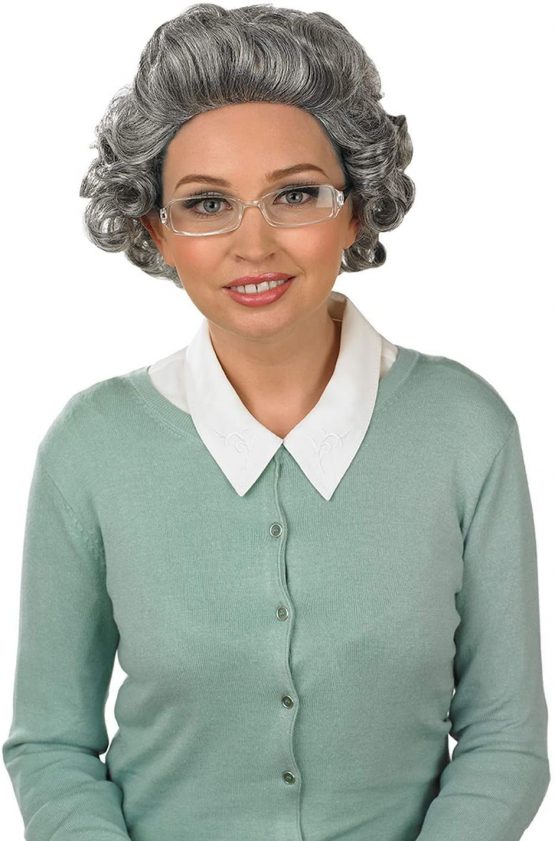 Fun Shack Adults Old Lady Curly Wig Grey Hair Granny Costume Accessory With Glasses