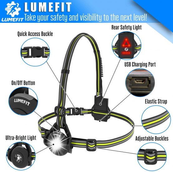 LUMEFIT Run Light, Running Light for Runners Chest LED Lamp - 90° Adjustable Beam Angle, 500 Lumen 360 Degree Reflective Band, USB Rechargeable - Front Body Torch Rear Safety Warning, Jogging Hiking - Image 2