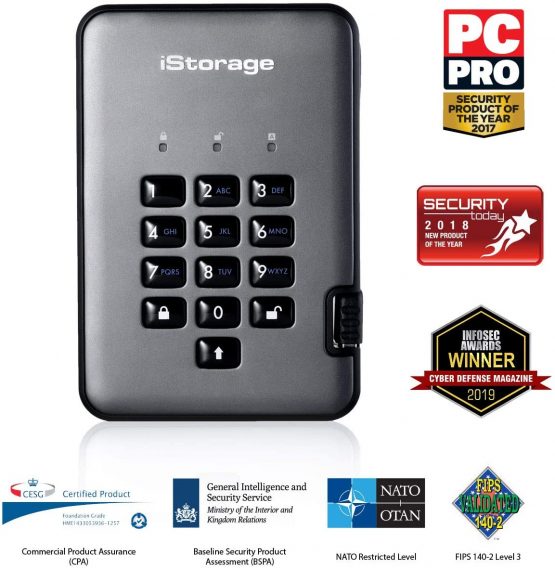 iStorage diskAshur PRO2 HDD 4 TB Secure Hard Drive FIPS Level 2 Certified, Password-Protected, Dust/Water-Resistant. IS-DAP2-256-4000-C-G