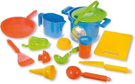 Lena 05410 Happy Cooking Play, 14 Pieces, Sand and Water Toy Set for Children from 2 Years, with Pot, Strainer, 3 Moulds, Board, pan, ice Cream Spoon and Cone and Other Accessories, Multicoloured