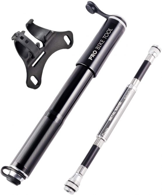 PRO BIKE TOOL Bike Pump with Gauge Fits Presta and Schrader - Accurate Inflation - Mini Bicycle Tire Pump for Road, Mountain and BMX Bikes, High Pressure 100 PSI, Includes Mount Kit