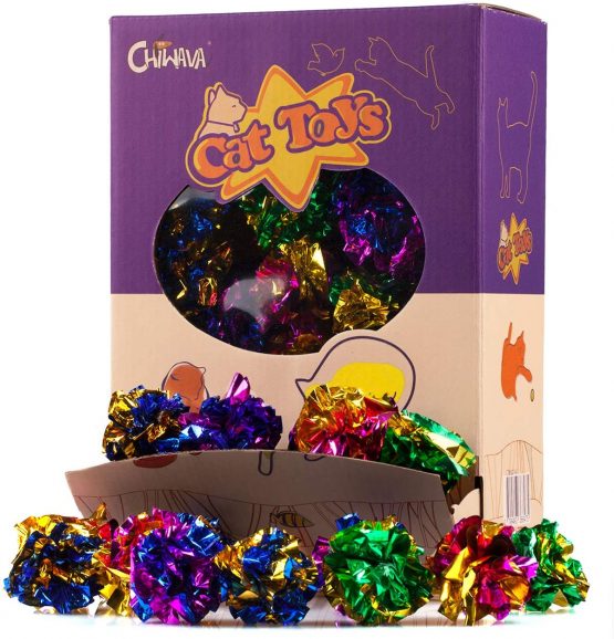 CHIWAVA 24PCS 1.6" Mylar Balls Shiny Crinkle Cat Toys Ball Kitten Crackle Lightweight Play Assorted Color