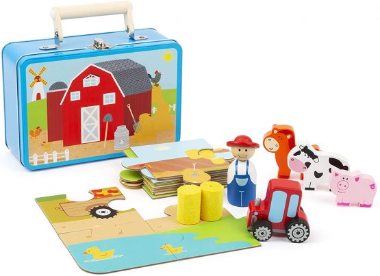 Small Foot 11360 Farm Case, Complete 20-Piece Set for Puzzling and Playing, incl. 6 Figurines Toys, Multicolored