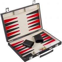 Engelhart Deluxe Wooden Backgammon Game in Leatherette Covered Case, 2 player , 5 dice , 2 cups as well as shuffleboard, (Black / Red 15")