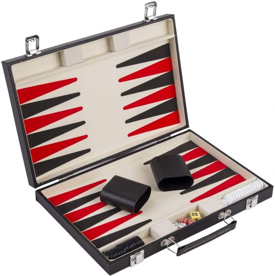 Engelhart Deluxe Wooden Backgammon Game in Leatherette Covered Case, 2 player , 5 dice , 2 cups as well as shuffleboard, (Black / Red 15")
