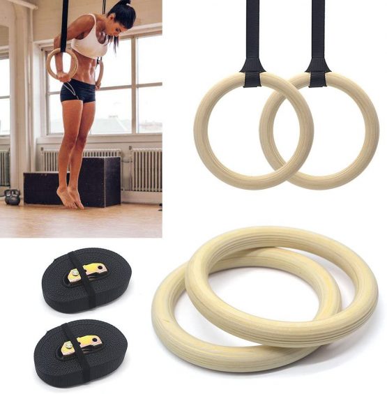 Wooden Gymnastic Rings Adjustable Pair Olympic Crossfit Gym Strength Training