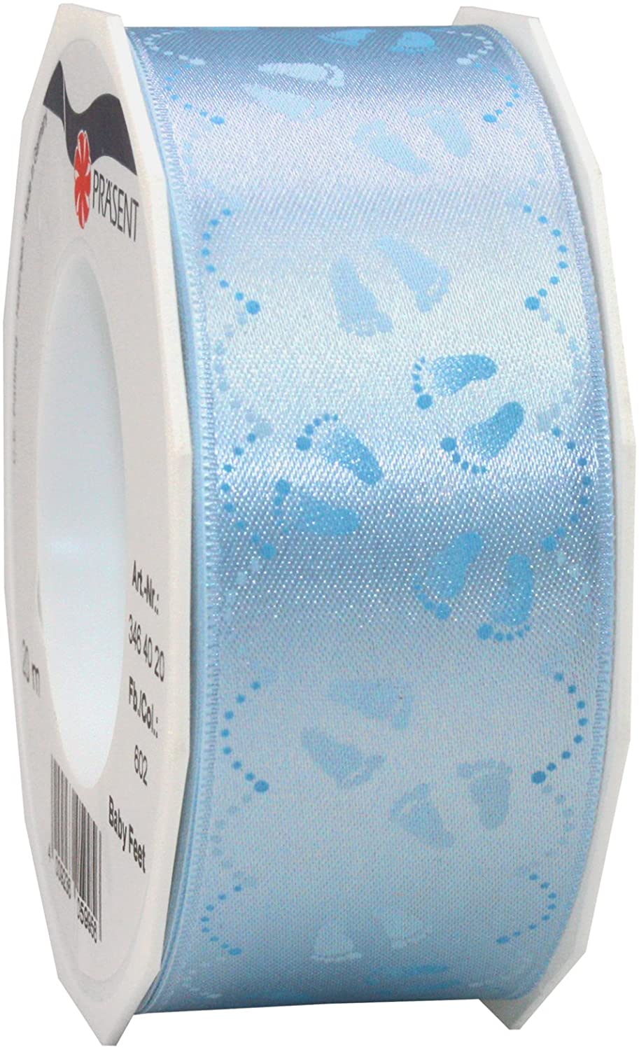 PRÄSENT - Baby Feet Printed Satin Ribbon Blue 40 mm width, 20 m length, White-silver