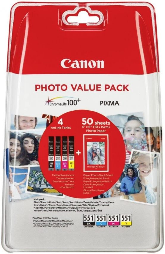 Canon CLI-551 Inkjet Cartridge Value Pack KCMY 6508B005, Pack of 4