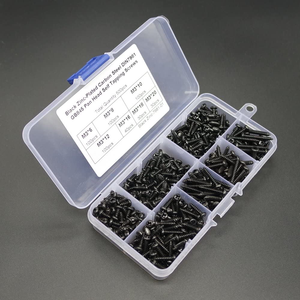 500pcs/Set M3 Black Zinc-Plated Carbon Steel Pan Head Self Tapping Screws, Assortment Drilling Screws with Storage Case - Image 3