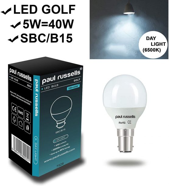 2 Pack 5W Golf LED Light Bulbs B15 SBC Small Bayonet Paul Russells Bright 5W=40W G45 Small Round 270 Beam Lamp 6500K Day Light 40W Incandescent Replacement - Image 2