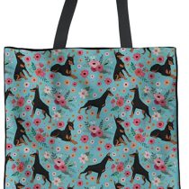 HUGS IDEA Flower Dog Print Linen Tote Bag Shoulder Bag Travel Handbag for Women