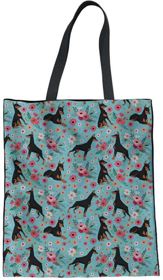 HUGS IDEA Flower Dog Print Linen Tote Bag Shoulder Bag Travel Handbag for Women