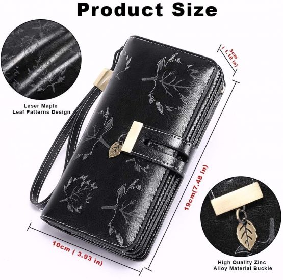 LUROON Ladies Purse RFID Blocking Women Purses Large Capacity Ladies Leather Wallets with 24 Credit Card Slots, Ladies Clutch Long Wallet with Zipper Pocket & Wrist Strap (Black) - Image 2